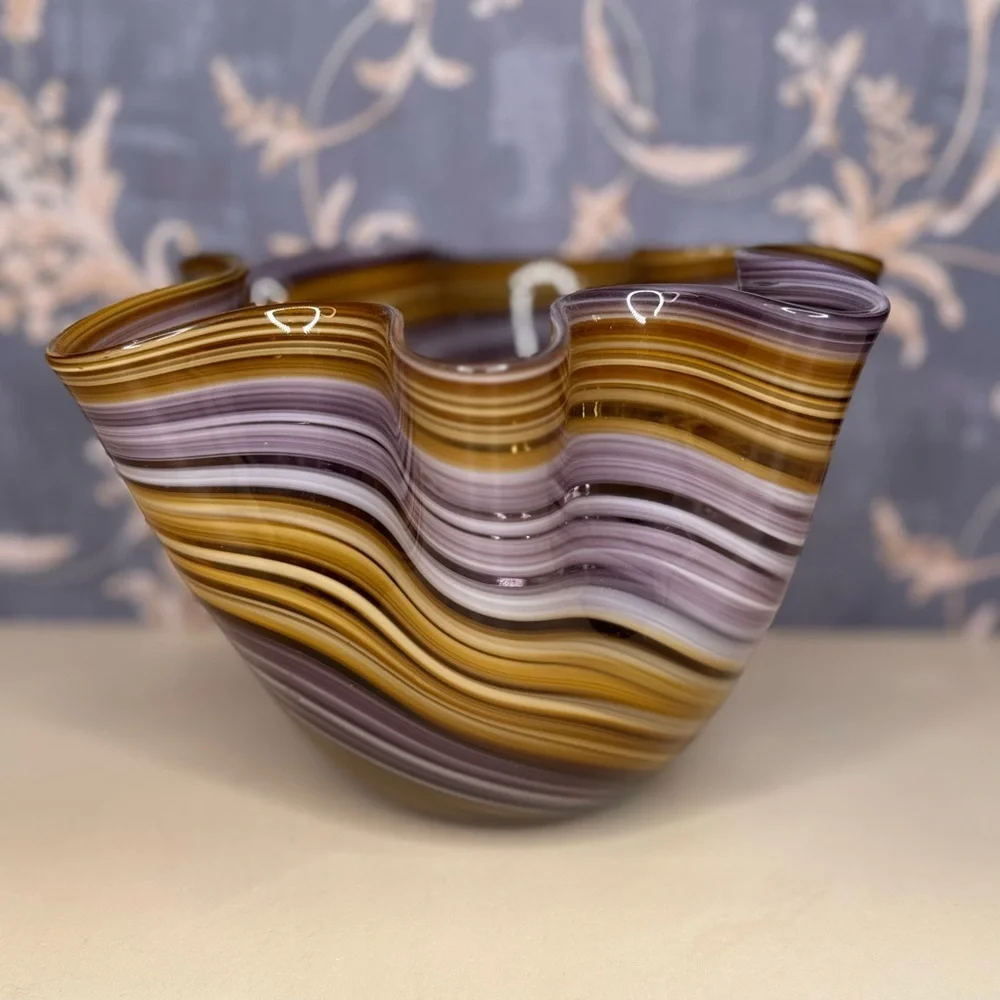 Vintage Estate Murano Style Art Glass Handkerchief Bowl Brown Purple
